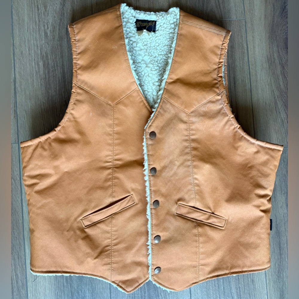 Vintage Wrangler Faux Leather Button Sherpa Lined Vest Large